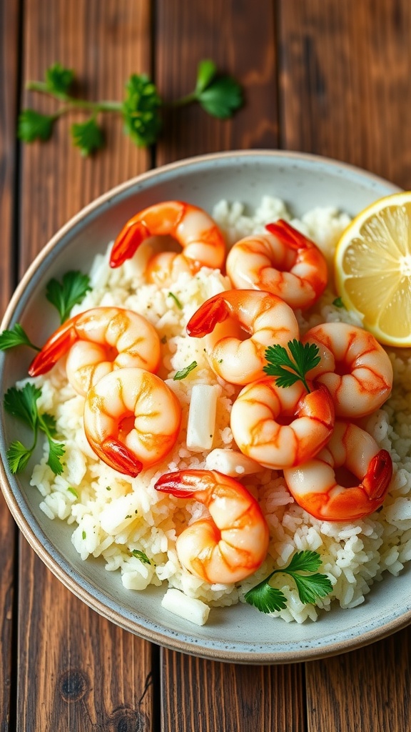One-pot shrimp and rice garnished with parsley and lemon, served on a rustic wooden table.
